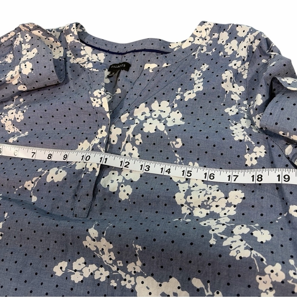 Talbots Womens Blue Floral Dot Chambray V Neck Long Sleeve Blouse Size M Top - Picture 9 of 9